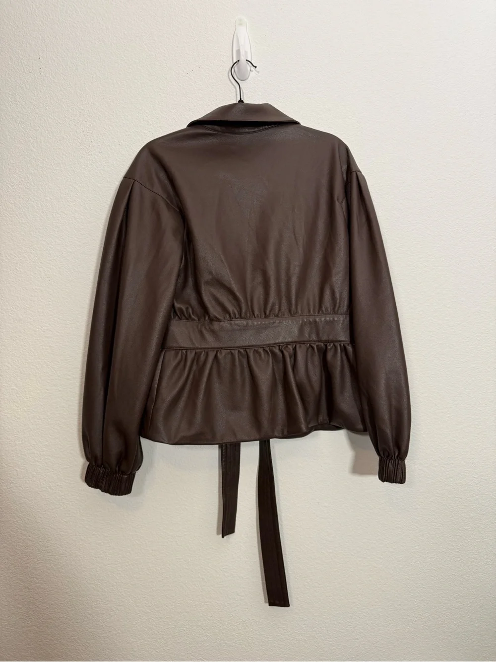 Marie Oliver Brown Faux Leather Peplum Jacket‎ Belted Quiet Luxury Romantic Coat